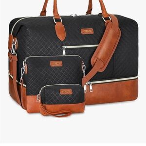 Black and Brown Quilted Travel Weekender Bag Set
